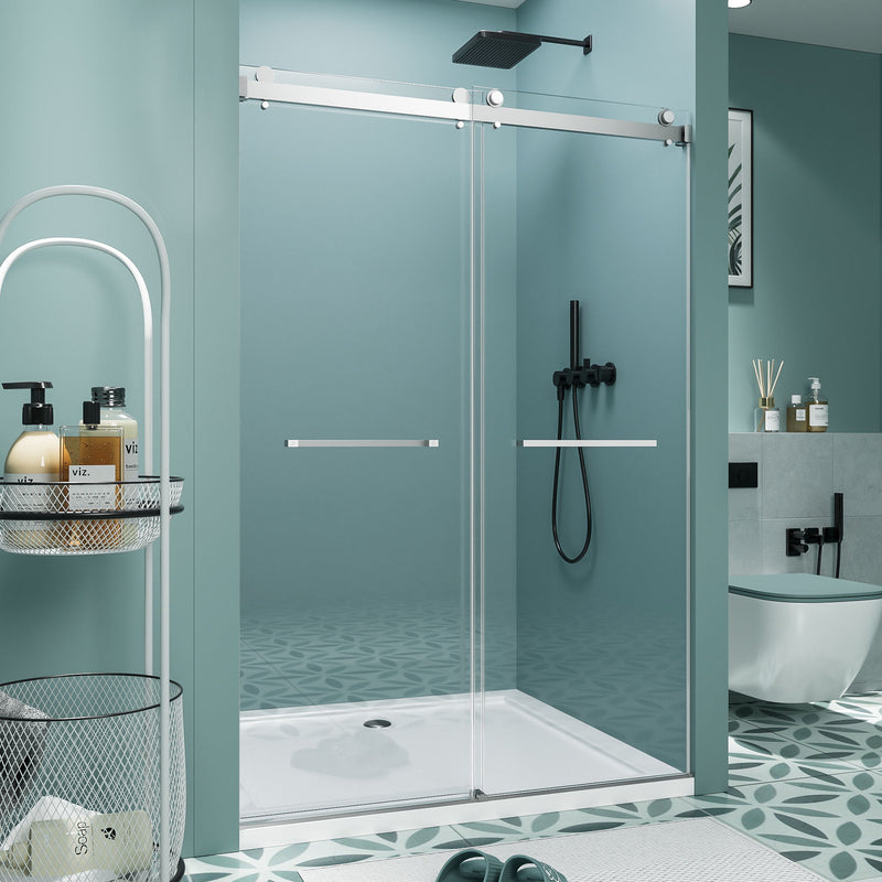 Frameless Double Sliding Soft Close Bathtub Shower Door, 5 / 16" Clear Nano Coated Tempered Glass And 304 Stainless Steel Handle - Brushed Nickel
