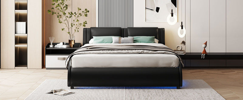 Upholstered Platform Bed With LED Light, Frame Slatted