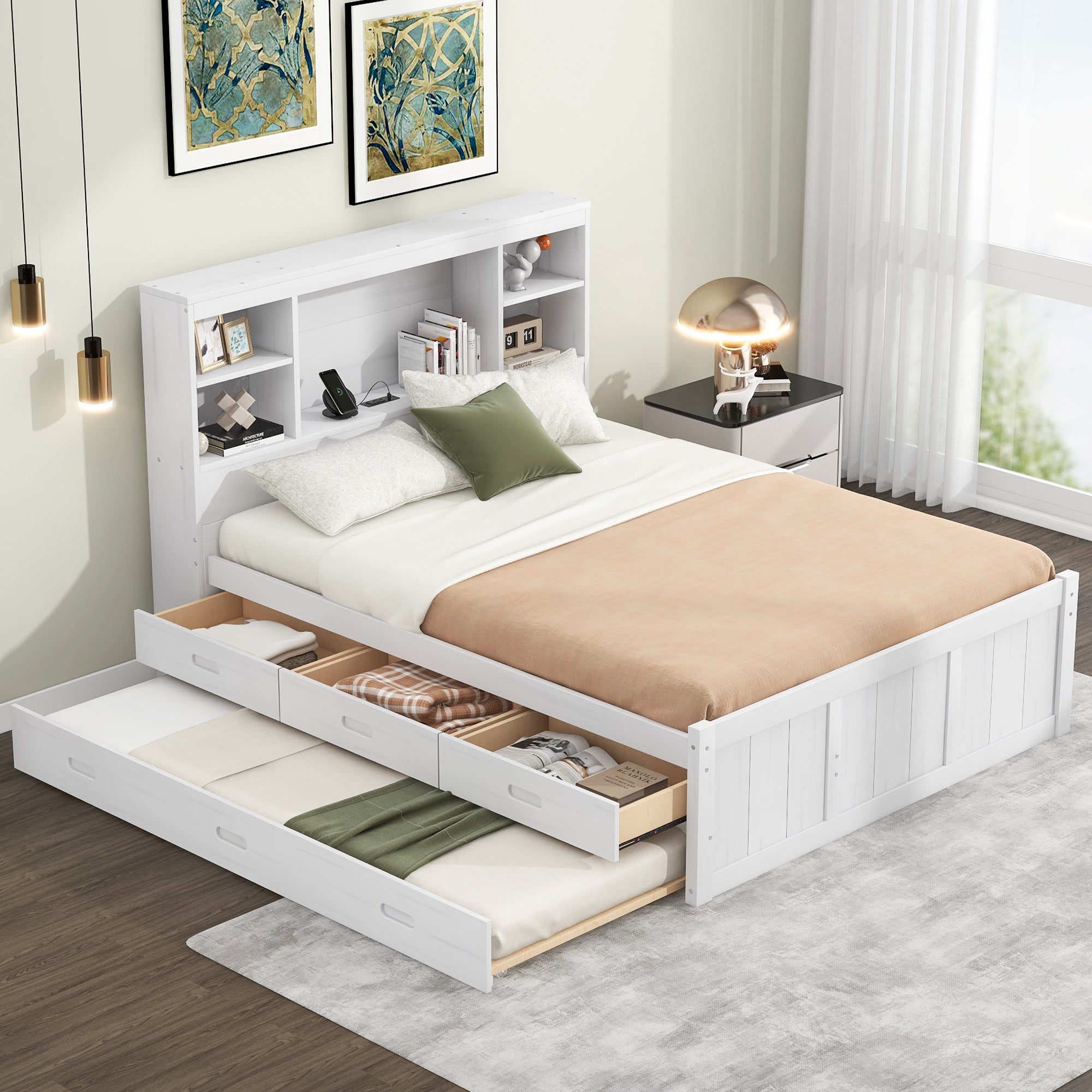 Full Size Platform Bed with Storage Headboard, Charging Station, Twin Size Trundle and 3 Drawers, Antique White - Atlantic Fine Furniture Melbourne FL