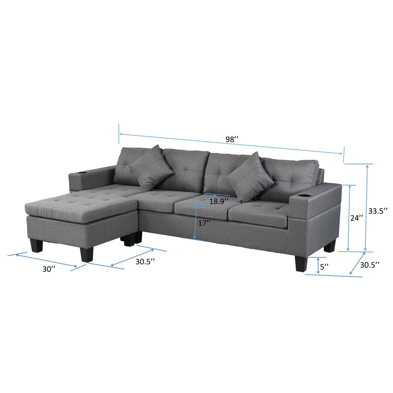 Sectional Sofa Set For Living Room With L Shape Chaise Lounge, Cup Holder And Left Or Right Hand Chaise Modern 4 Seat