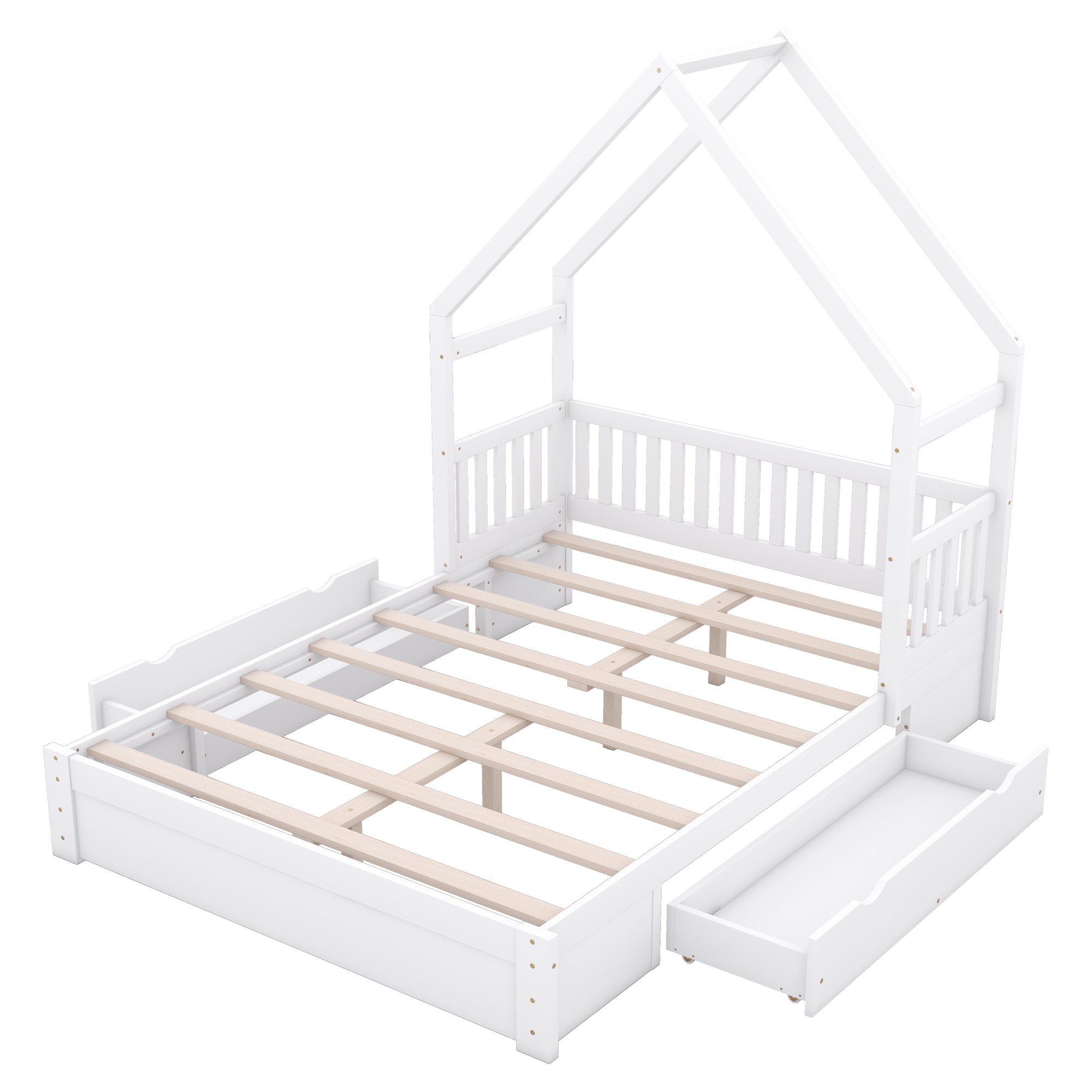 Wood Queen Size House Platform Bed with Guardrail and 2 Drawers, White (Expected Arrival Time:4.26) - Atlantic Fine Furniture Melbourne FL