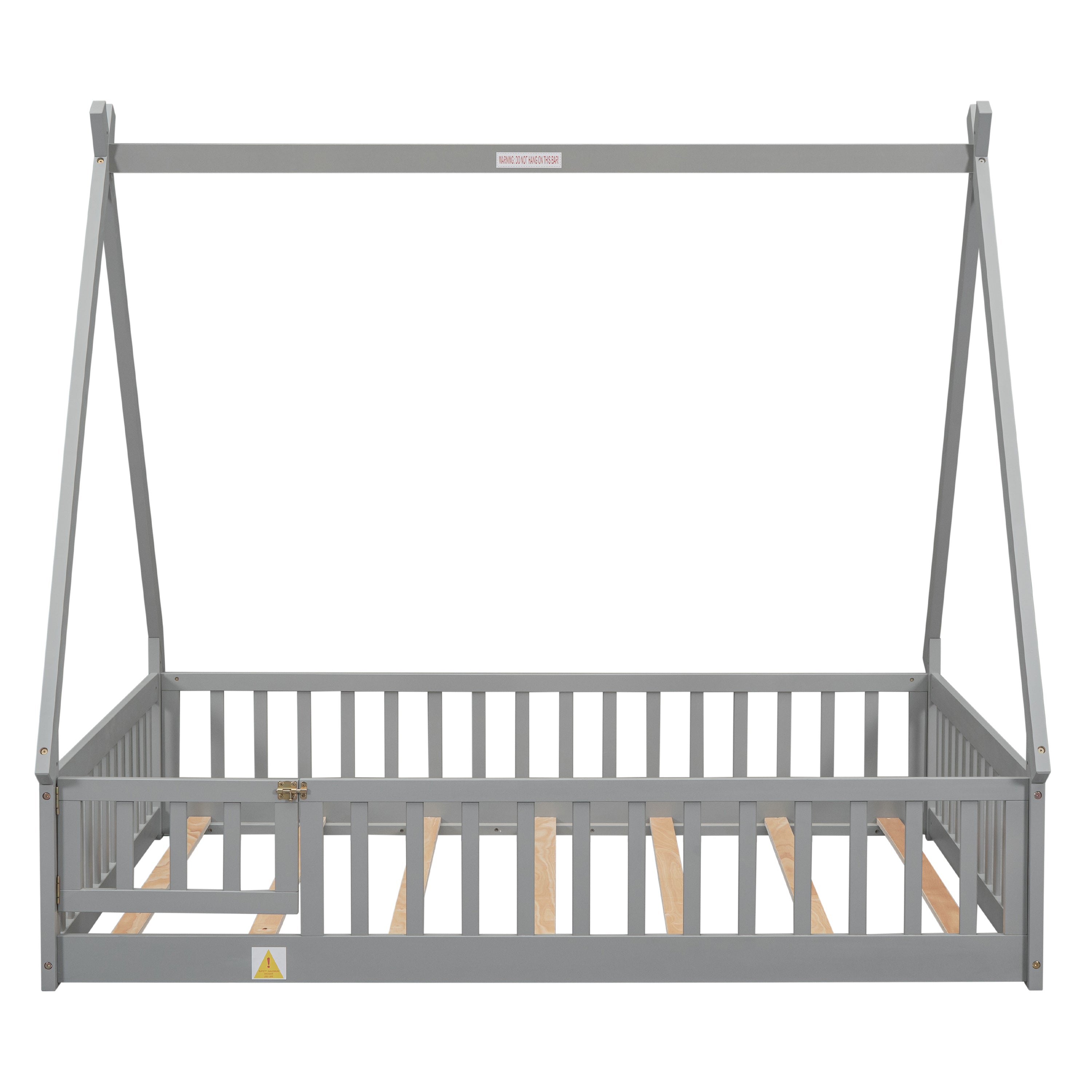 Full Tent-shaped Floor Bed, with Guardrails, Slats, Door ,Grey