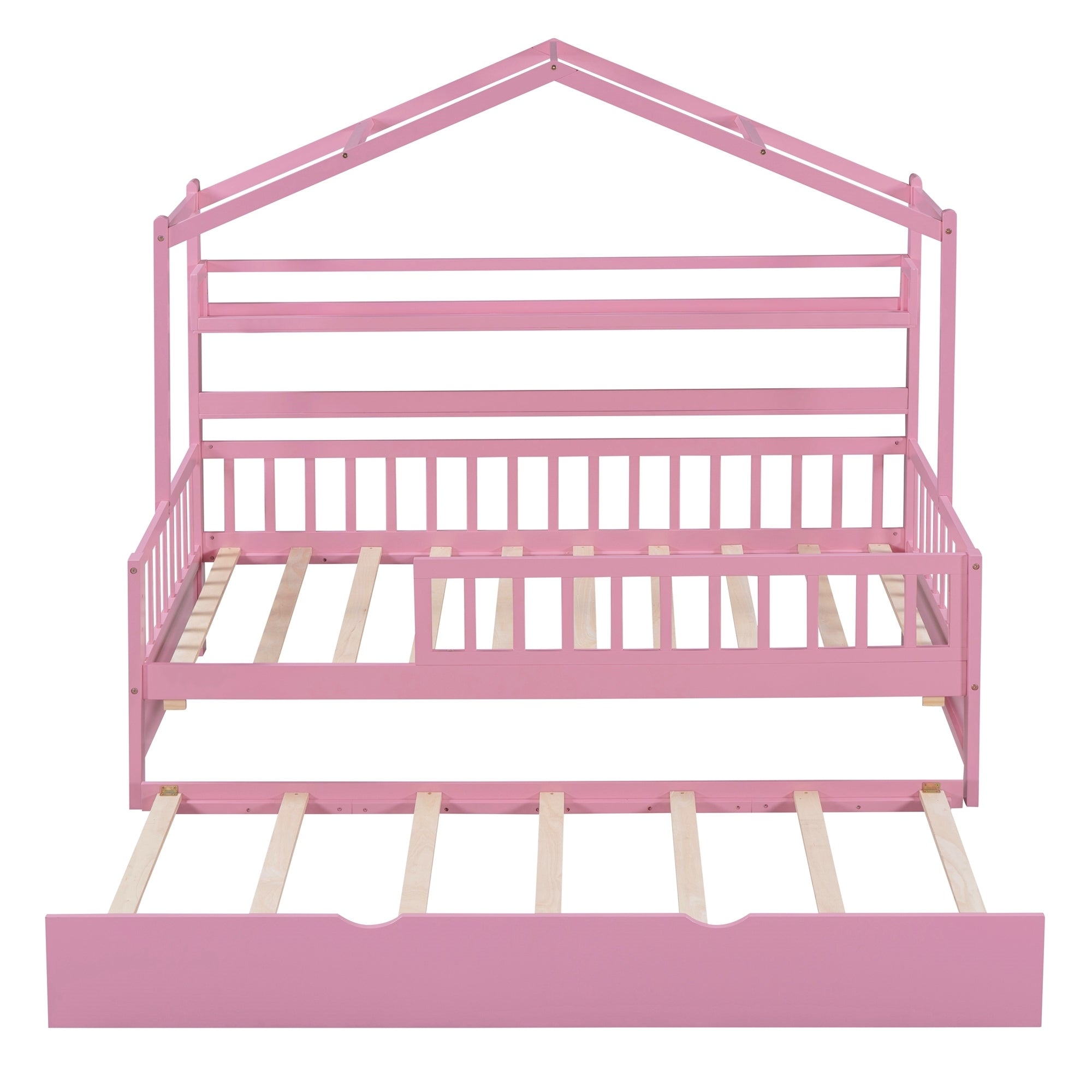 Wooden Twin Size House Bed with Trundle,Kids Bed with Shelf, Pink - Atlantic Fine Furniture Melbourne FL