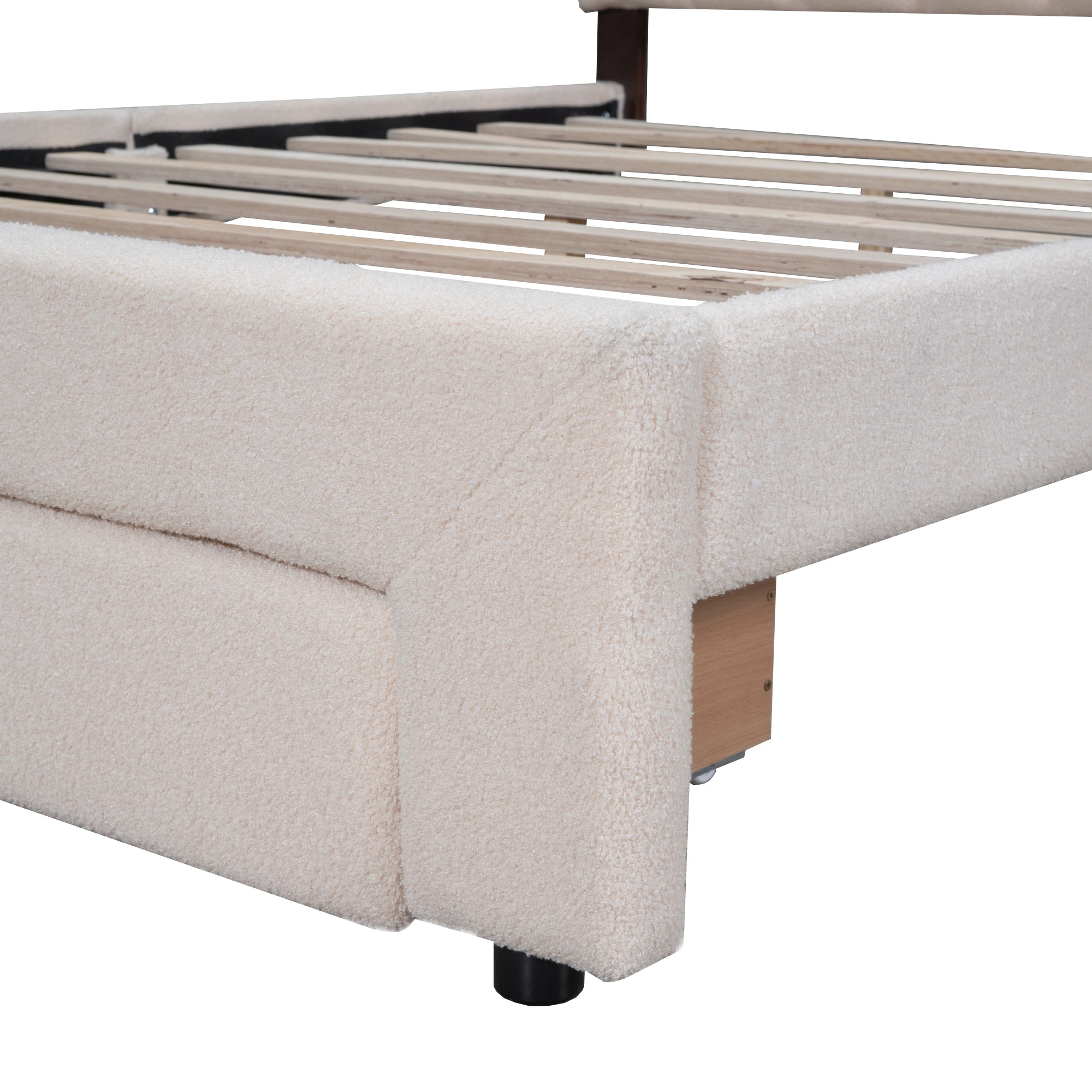 Teddy Fleece Queen Size Upholstered Platform Bed with Drawer, Beige - Atlantic Fine Furniture Melbourne FL