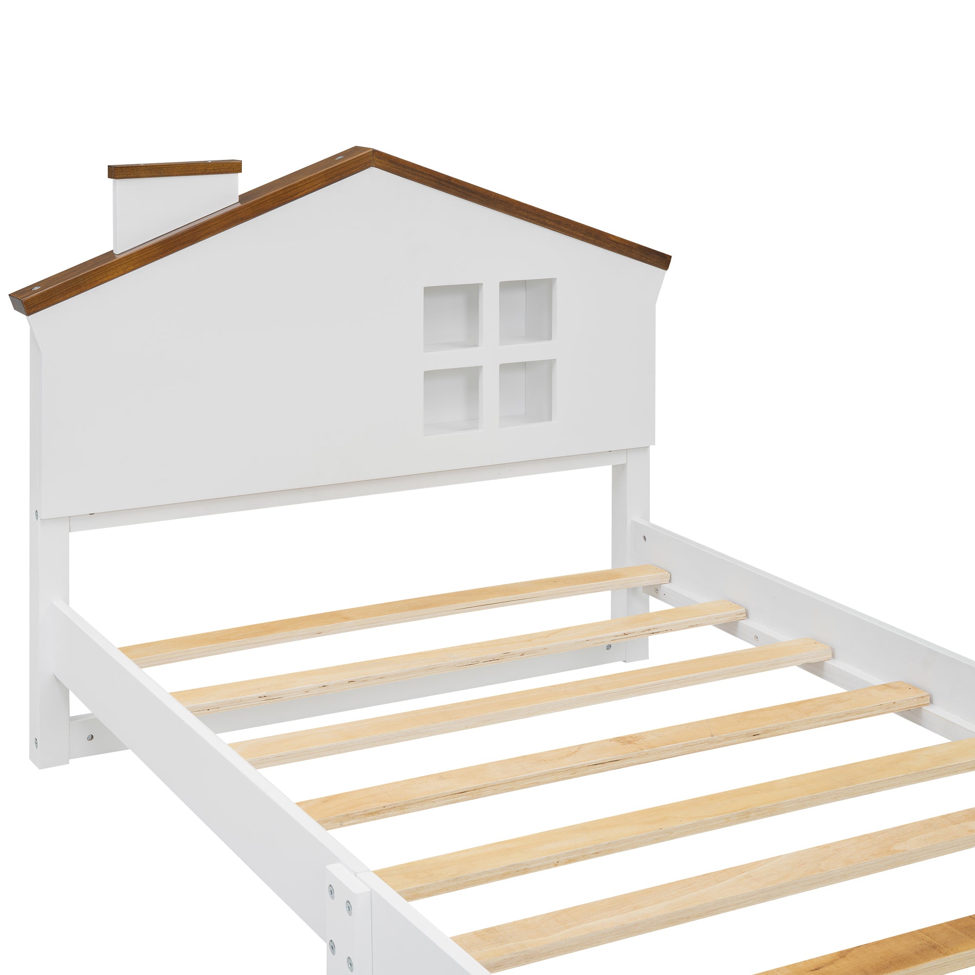 Twin Size Wood Platform Bed with House-shaped Headboard and Built-in LED, Walnut+White - Atlantic Fine Furniture Melbourne FL