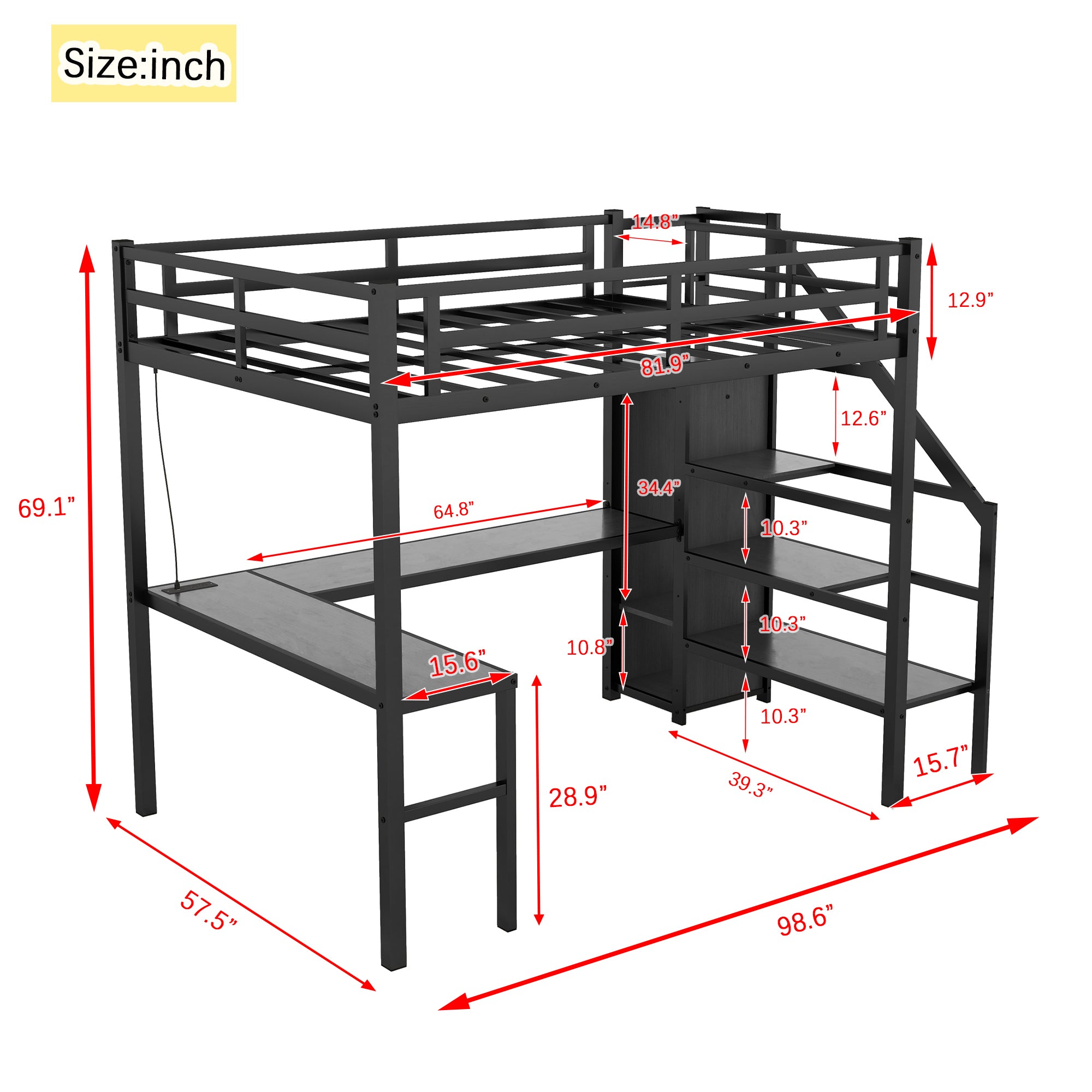 Full XL Size Loft Bed with L-shaped Desk and USB, Metal Loft Bed with Wardrobe and Adjustable Shelf, High Loft Bed with LED for Kids Teens Adults, Black