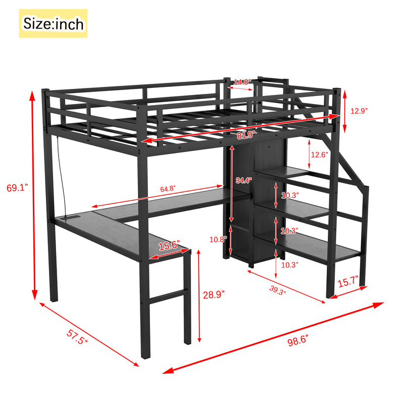 Full XL Size Loft Bed with L-shaped Desk and USB, Metal Loft Bed with Wardrobe and Adjustable Shelf, High Loft Bed with LED for Kids Teens Adults, Black