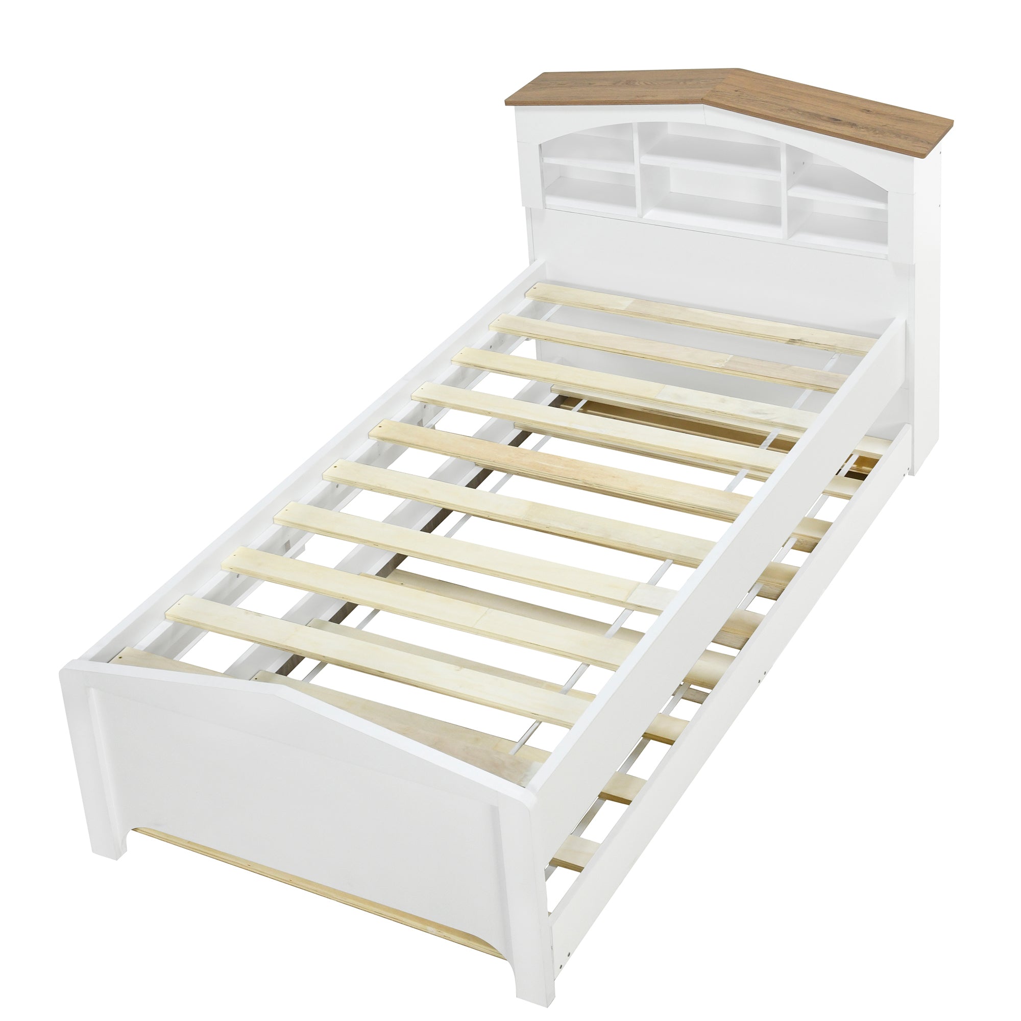 Twin Size Wood Platform Bed with House-shaped Storage Headboard and Trundle, White - Atlantic Fine Furniture Melbourne FL