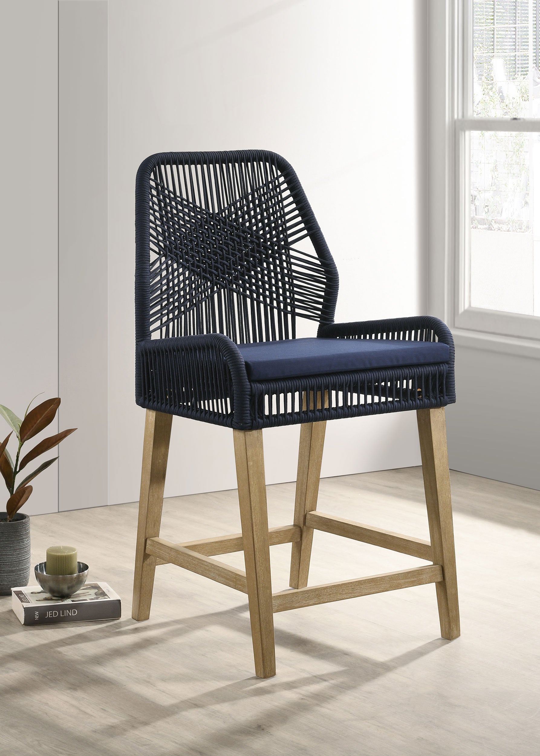 Nakia Woven Rope Counter Chair with Cushion Navy (Set of 2) — view 2