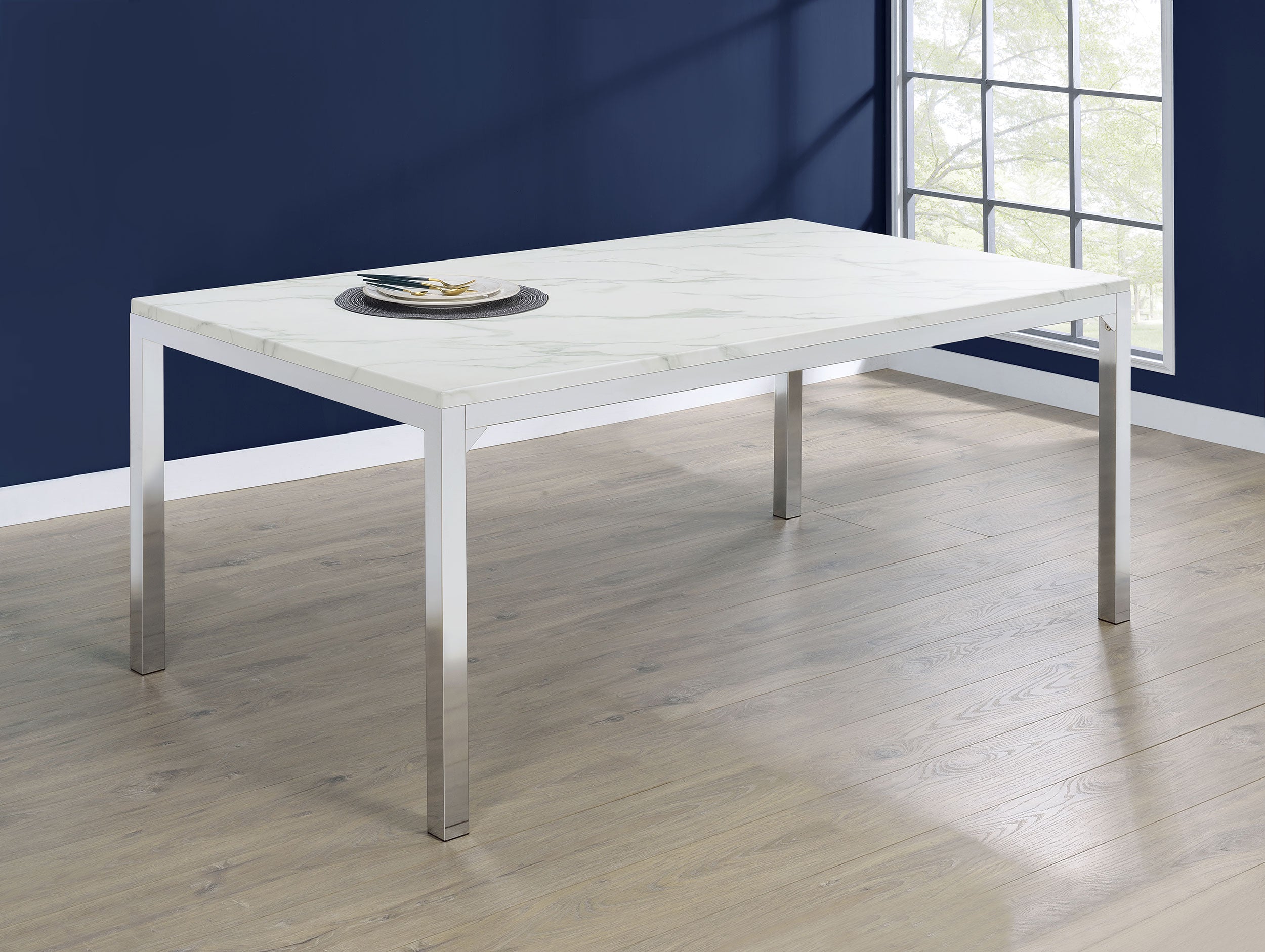 Athena Rectangular 64-inch Faux Marble Dining Table Chrome — view 2