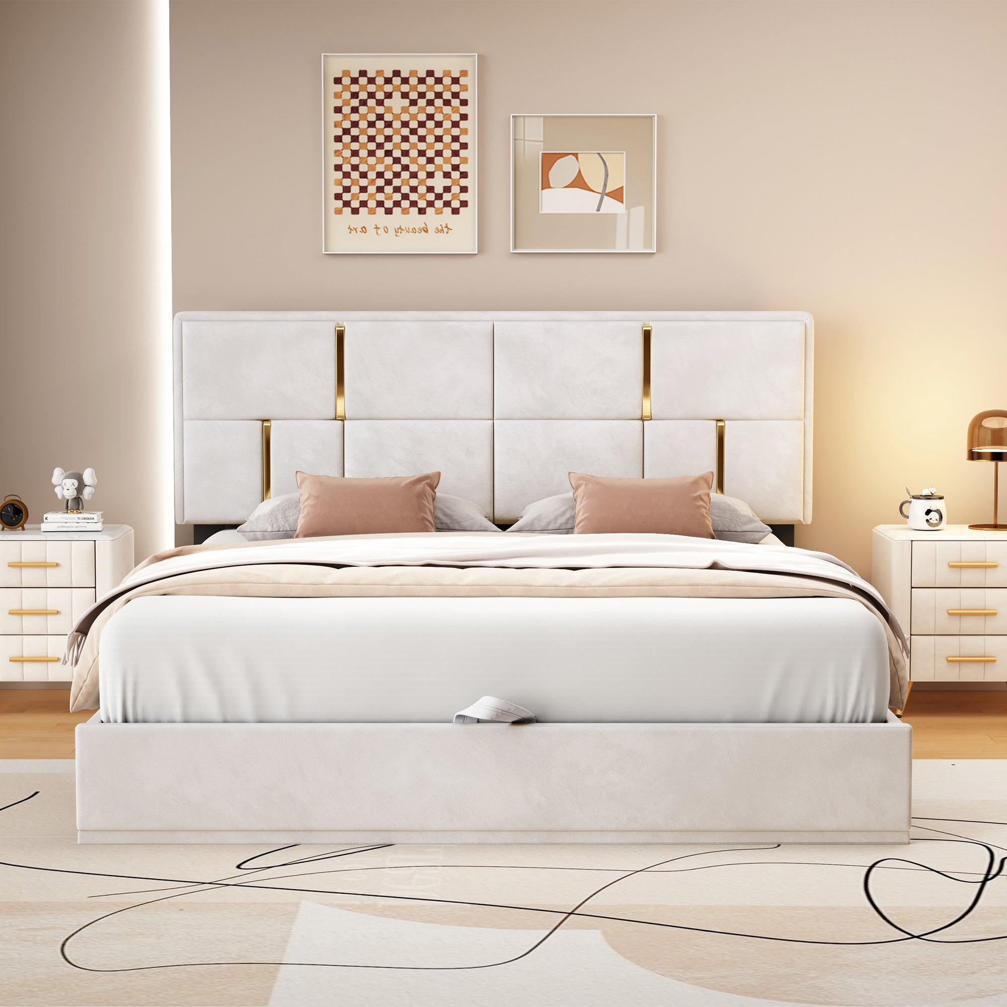 Queen Size Upholstered Platform Bed with Hydraulic Storage System,No Box Spring Needed,Beige - Atlantic Fine Furniture Melbourne FL