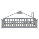 Twin House-Shaped Bedside Floor Bed with Guardrails, Slats, with Door,Grey