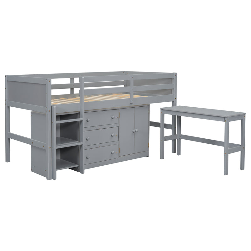 Twin Size Low Loft Bed With Pull-Out Desk, Drawers, Cabinet, and Shelves for Grey Color