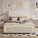 Upholstered Platform Bed & Curve Shaped And Height Adjustable Headboard, LED Light Strips