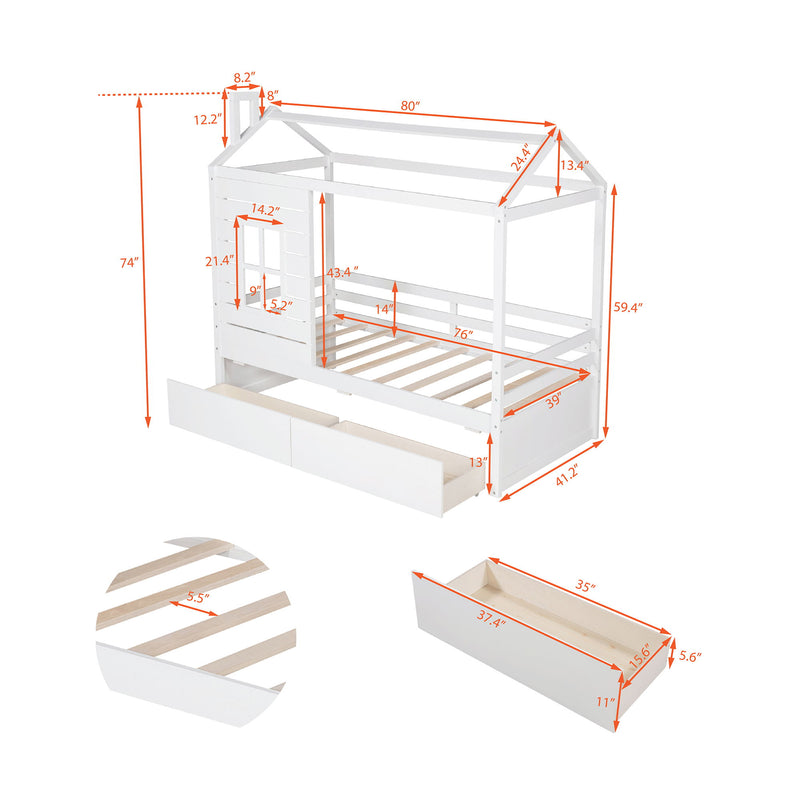 Twin Size Classic House Bed With 2 Drawers - White