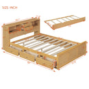 Full Size Wood Pltaform Bed with Twin Size Trundle, 3 Drawers, Upper Shelves and a set of USB Ports & Sockets, Natural