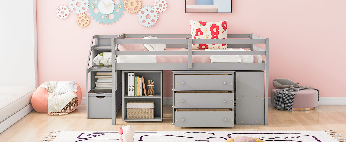 Full Size Loft Bed with Retractable Writing Desk and 3 Drawers, Wooden Loft Bed with Storage Stairs and Shelves, Gray - Atlantic Fine Furniture Melbourne FL