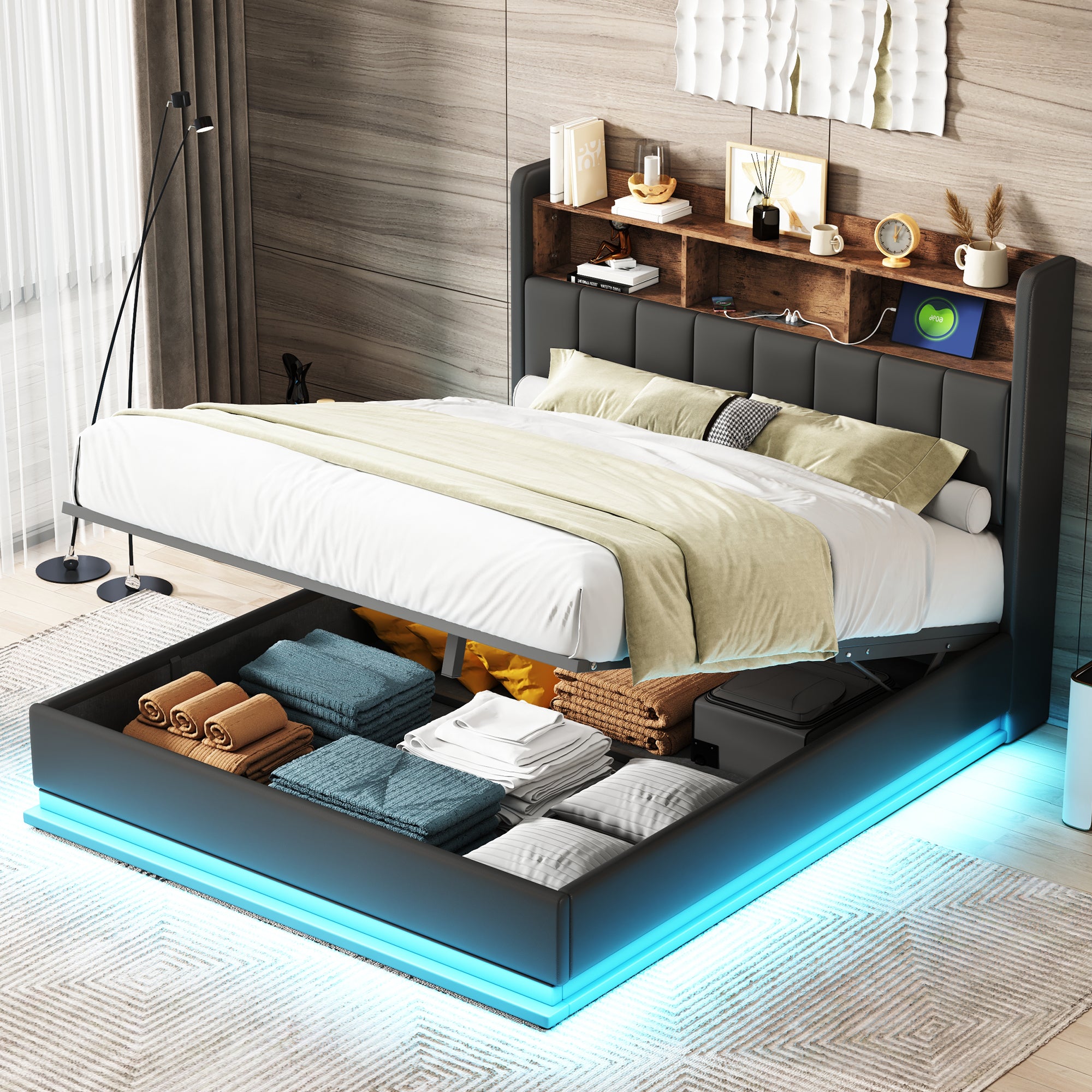 Queen Size  Upholstered Platform Bed with Storage Headboard and Hydraulic Storage System, PU Storage Bed with LED Lights and USB charger, Black - Atlantic Fine Furniture Melbourne FL