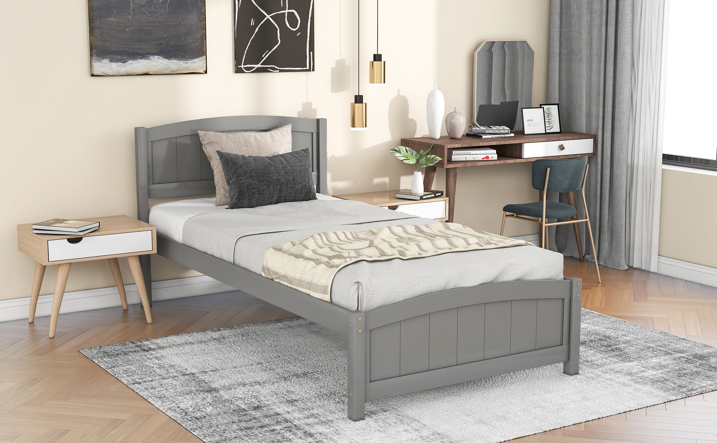 Wood Platform Bed with Headboard,Footboard and Wood Slat Support, Gray - Atlantic Fine Furniture Melbourne FL