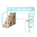 Heavy Metal Frame Full Loft Bed With Desk & Storage, 4 Cabinets, Staircase, Rack Space Saver - Green
