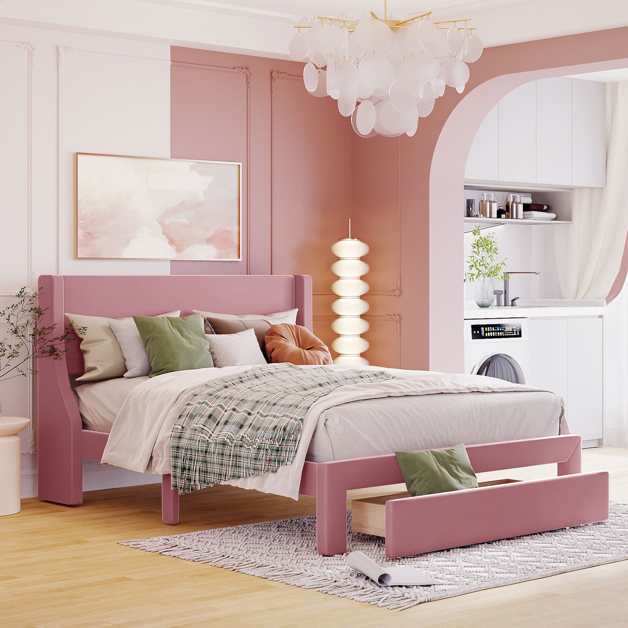 Queen Size Storage Bed Velvet Upholstered Platform Bed with a Big Drawer - Pink - Atlantic Fine Furniture Melbourne FL