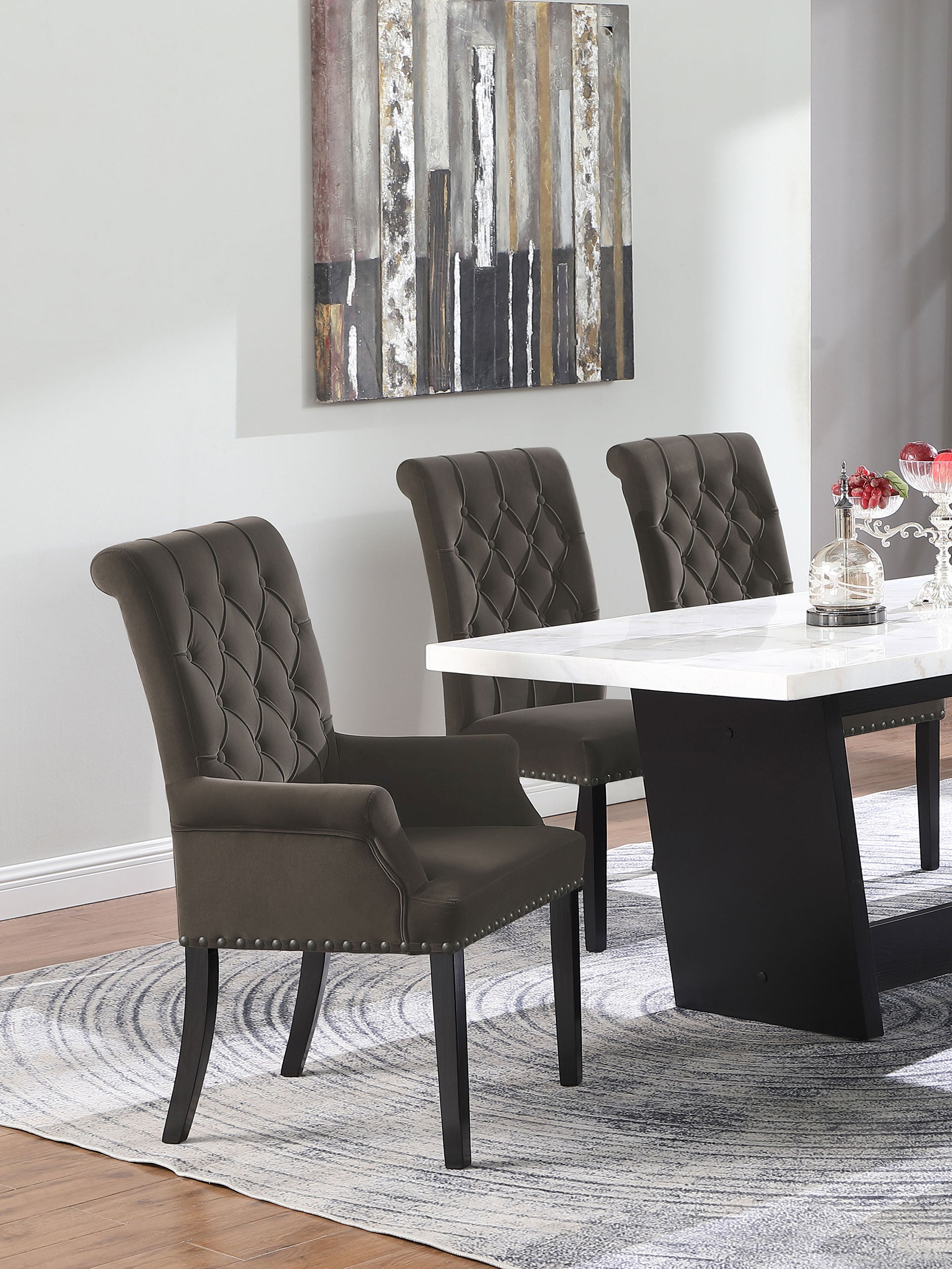 Alana Velvet Upholstered Dining Arm Chair Brown — view 2