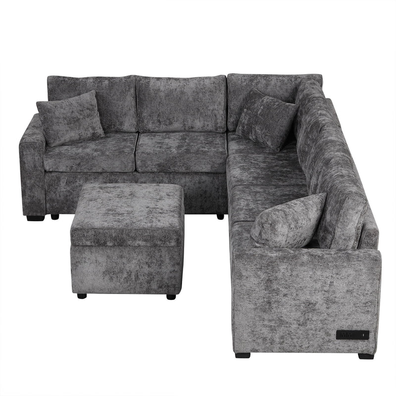 Sectional Sofa Pull-Out Sofa Bed Sleeper With A Storage Ottoman, Three Pillows And Charging Devices For Living Room