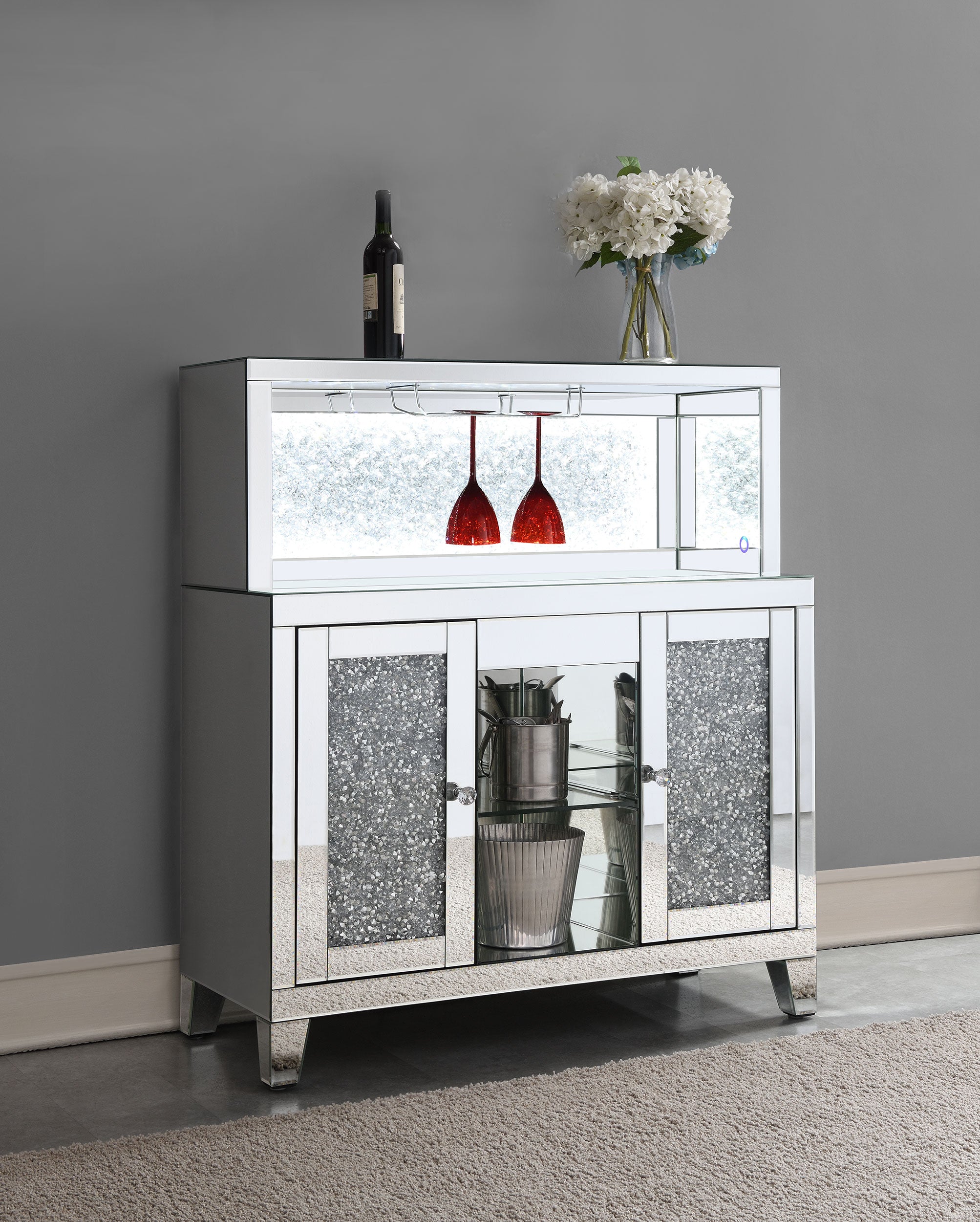 Yvaine 2-door Mirrored Acrylic Home Bar Wine Cabinet Silver — view 2