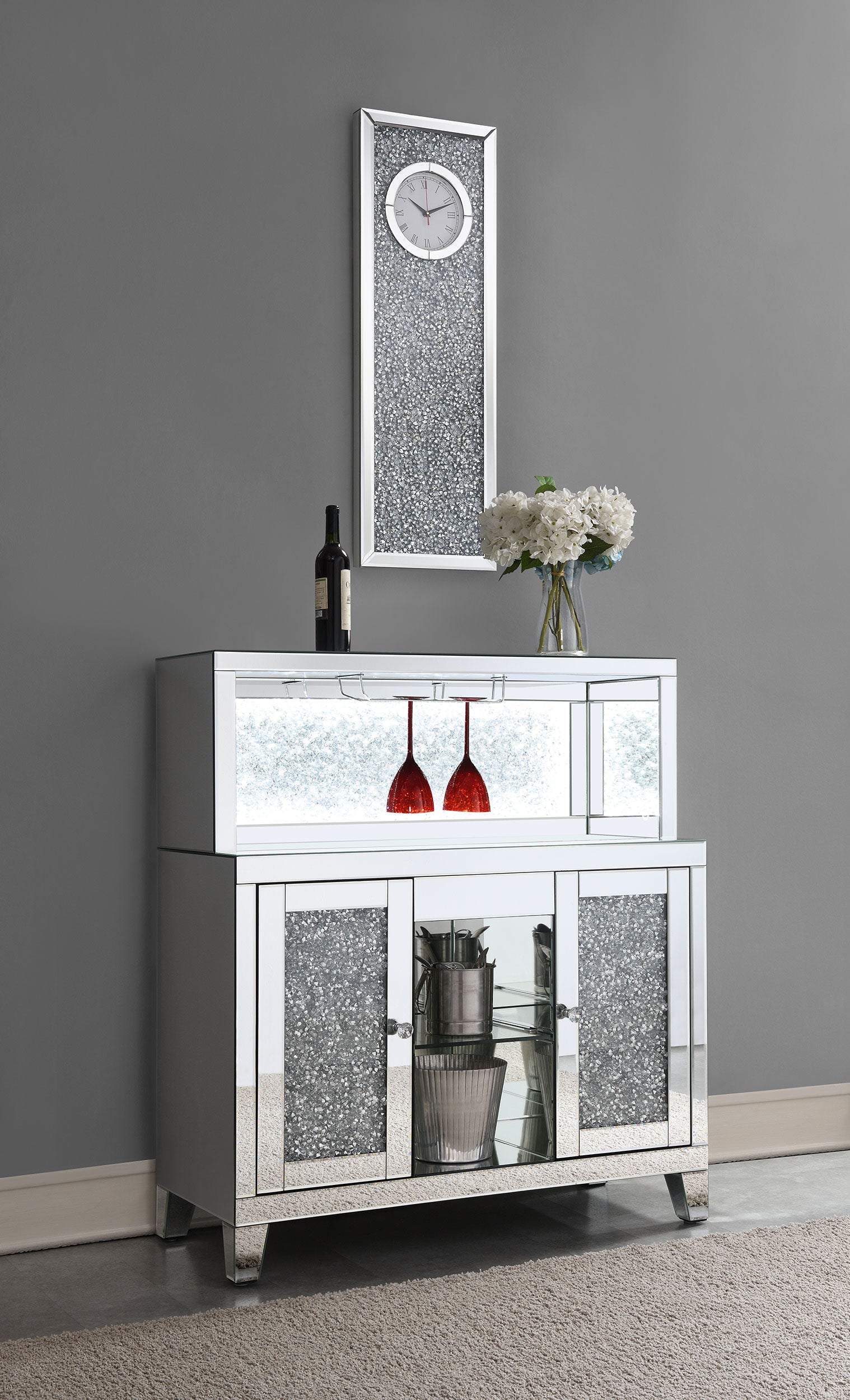 Yvaine 2-door Mirrored Acrylic Home Bar Wine Cabinet Silver — view 15