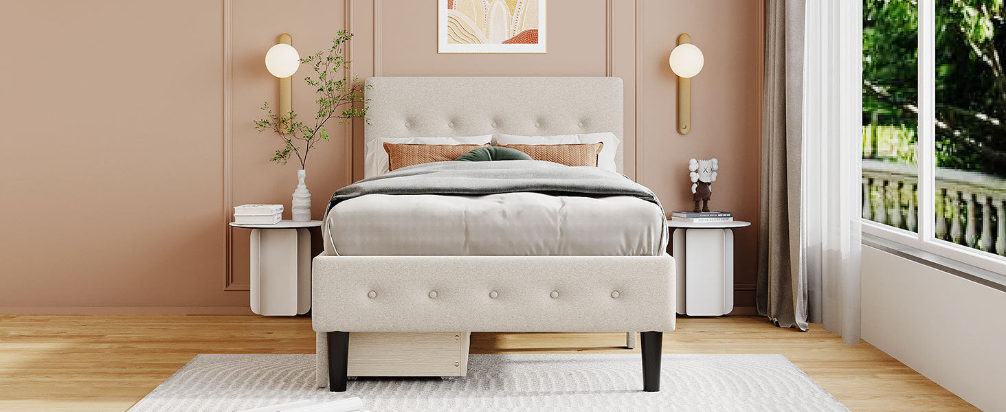 Twin Size Upholstered Platform Bed with 2 Drawers, Beige - Atlantic Fine Furniture Melbourne FL