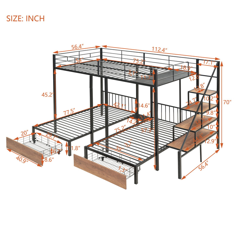 Full Over Twin-Twin Triple Bunk Bed With Drawers And Staircase - Black