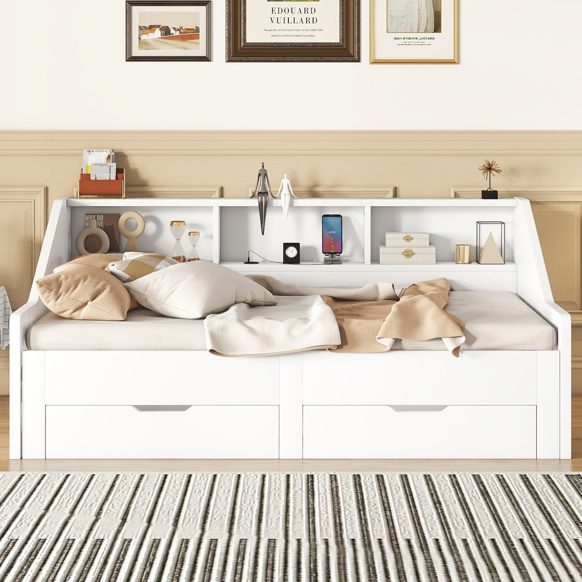 Twin to King Size Daybed Frame with Storage Bookcases and Two Drawers,Charging Design,White - Atlantic Fine Furniture Melbourne FL