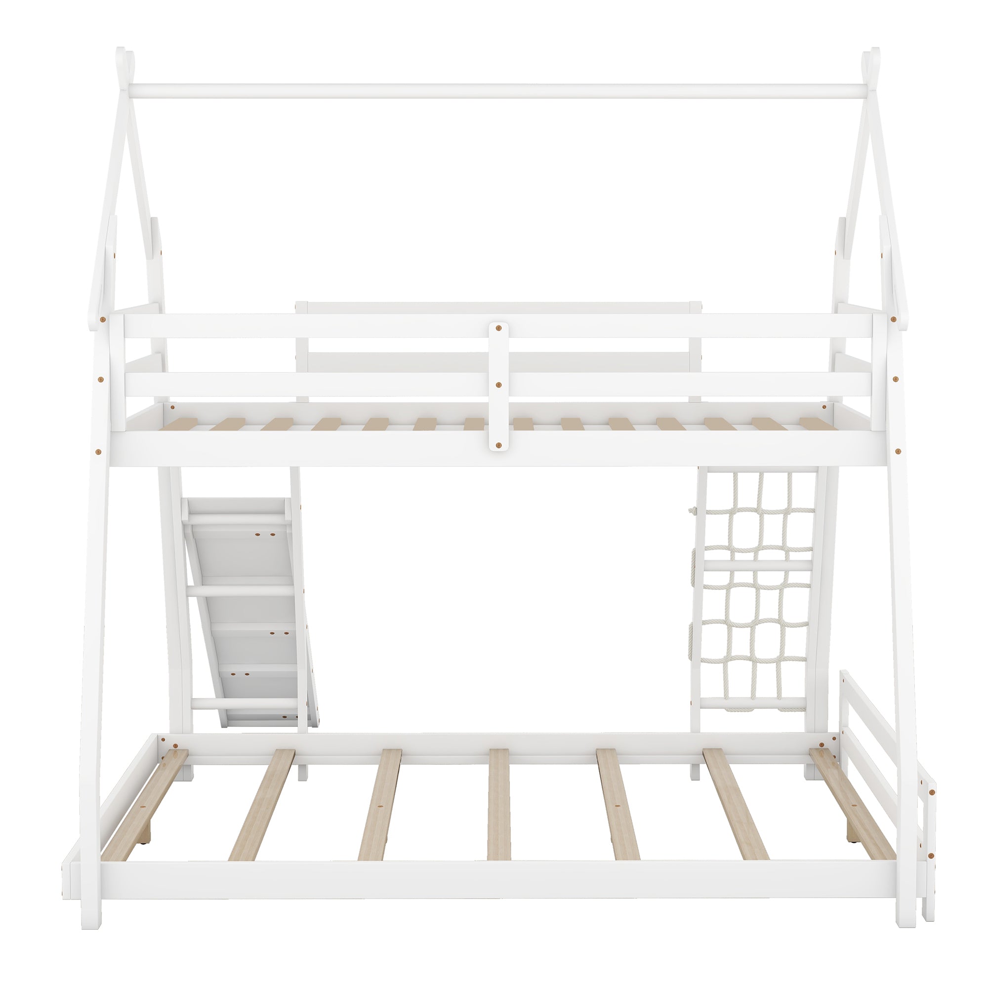 Twin over Queen House Bunk Bed with Climbing Nets and Climbing Ramp, White - Atlantic Fine Furniture Melbourne FL