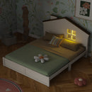 Full Size Wood Platform Bed with House-shaped Headboard and Built-in LED, Walnut+Milk White