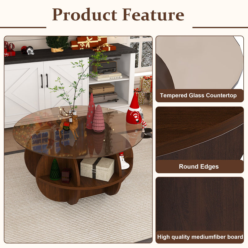 Round Coffee Table With Storage For Living Room - Walnut