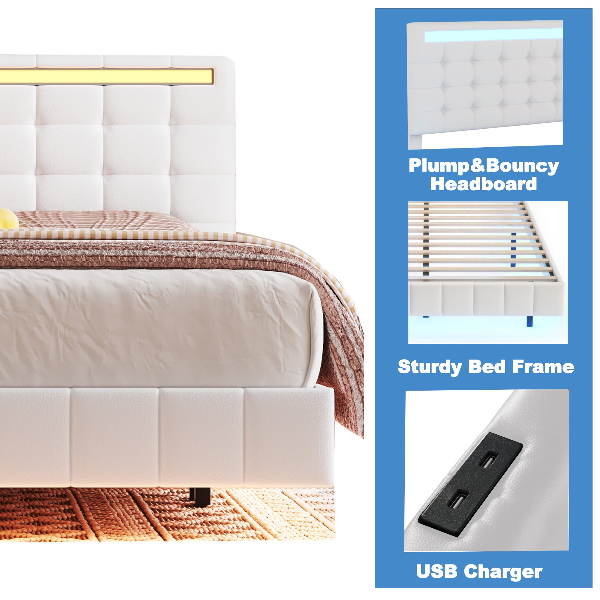 Queen Size Floating Bed Frame with LED Lights and USB Charging,Modern Upholstered Platform LED Bed Frame,White - Atlantic Fine Furniture Melbourne FL
