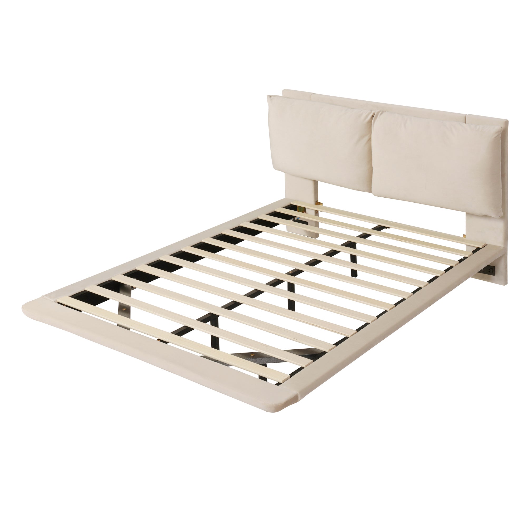 Full Size Upholstered Platform Bed with Sensor Light and 2 Large Backrests, Stylish Platform Bed with 2 sets of USB Port and Socket on each rear Bed Leg, Beige - Atlantic Fine Furniture Melbourne FL