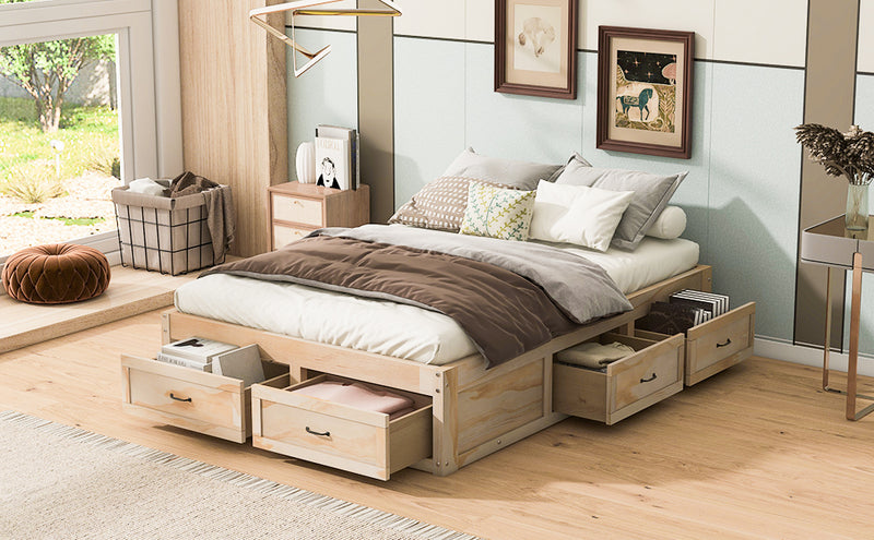 Full Size Platform Bed with 6 Storage Drawers,Antique Natural
