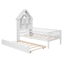 Twin Size House-Shaped Headboard with Fence Guardrails and Trundle,White