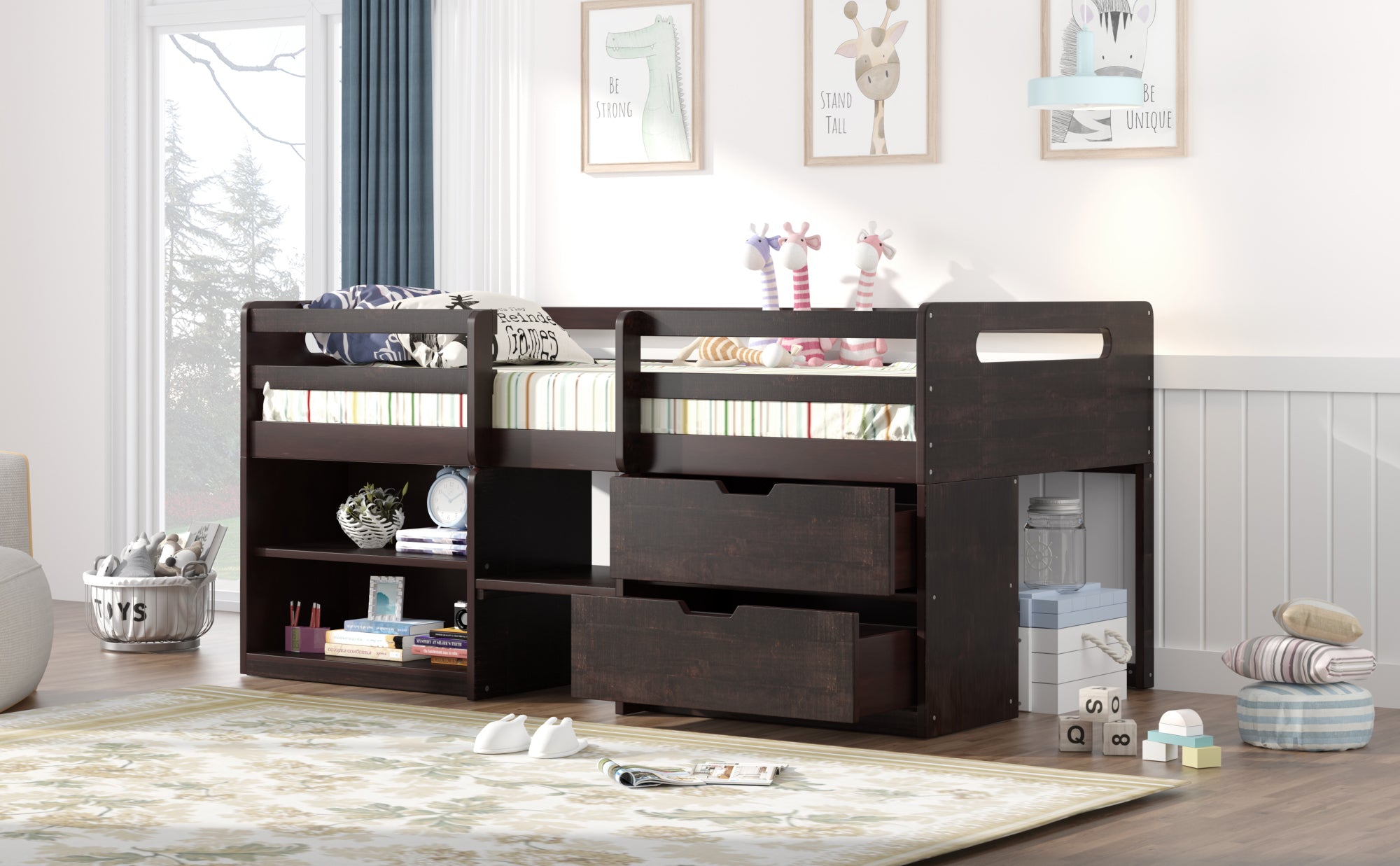 Twin size Loft Bed with Two Shelves and Two drawers (Antique Espresso) - Atlantic Fine Furniture Melbourne FL
