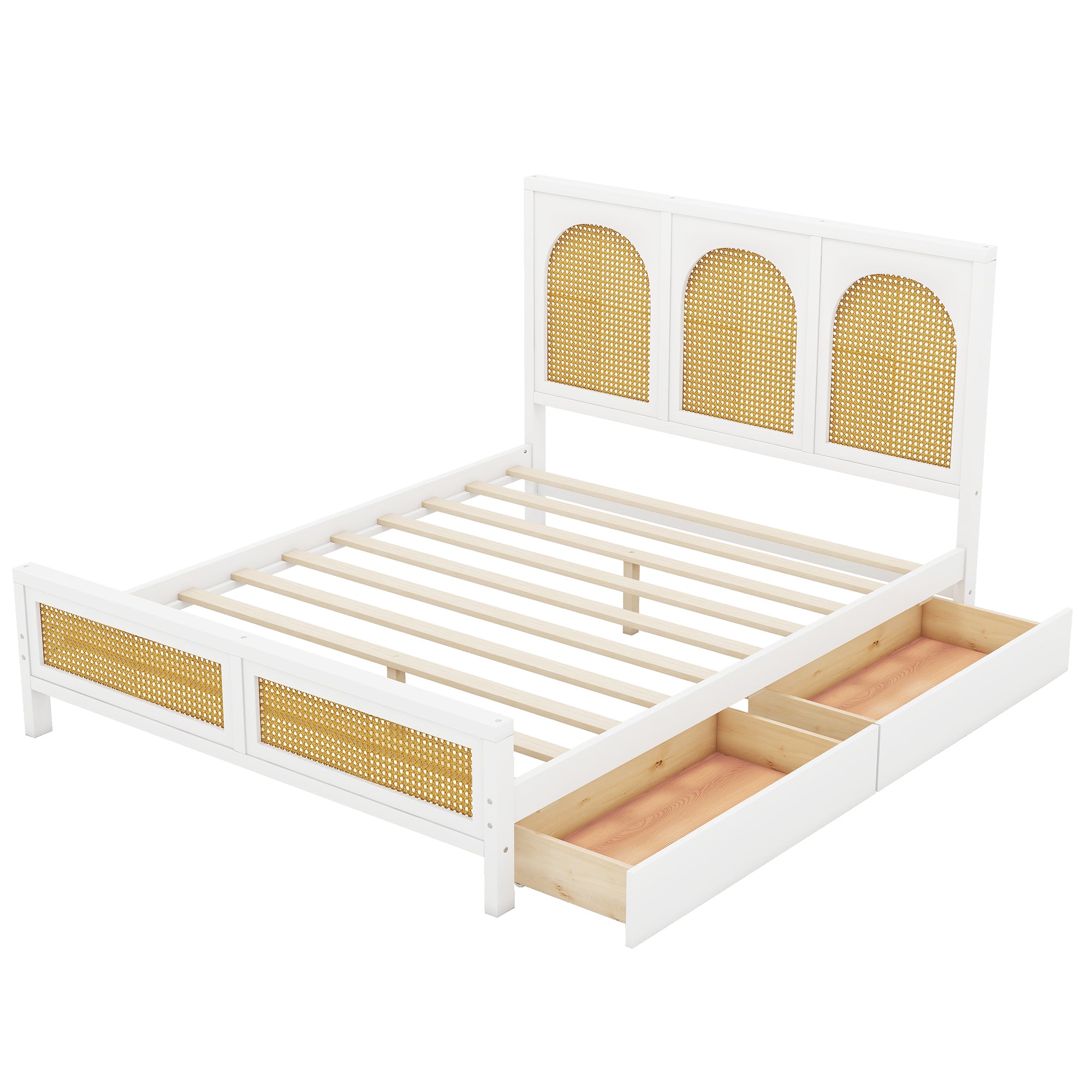 Full Size Wood Storage Platform Bed with 2 Drawers, Rattan Headboard and Footboard, White - Atlantic Fine Furniture Melbourne FL