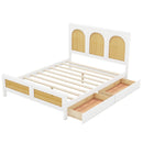 Full Size Wood Storage Platform Bed with 2 Drawers, Rattan Headboard and Footboard, White