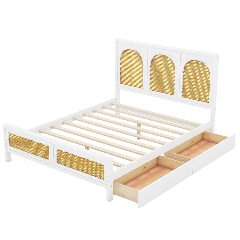 Full Size Wood Storage Platform Bed with 2 Drawers, Rattan Headboard and Footboard, White