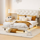 Full Size Upholstered Bed with Light Stripe, Floating Platform Bed, Linen Fabric,Beige