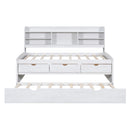 Twin Size Wooden Captain Bed with Built-in Bookshelves,Three Storage Drawers and Trundle, White Wash