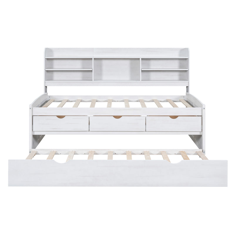 Twin Size Wooden Captain Bed with Built-in Bookshelves,Three Storage Drawers and Trundle, White Wash