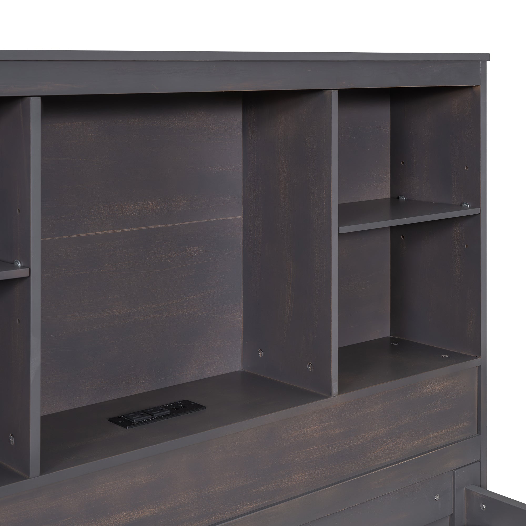 Twin Size Platform Bed with Storage Headboard, Charging Station, Twin Size Trundle and 3 Drawers, Antique Brown - Atlantic Fine Furniture Melbourne FL