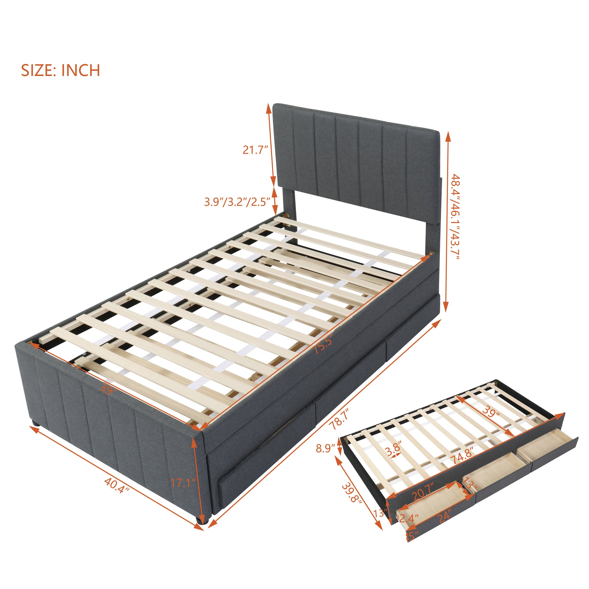 Twin Size Upholstered Platform Bed with Trundle and 3 Drawers, Linen Fabric, Gray - Atlantic Fine Furniture Melbourne FL