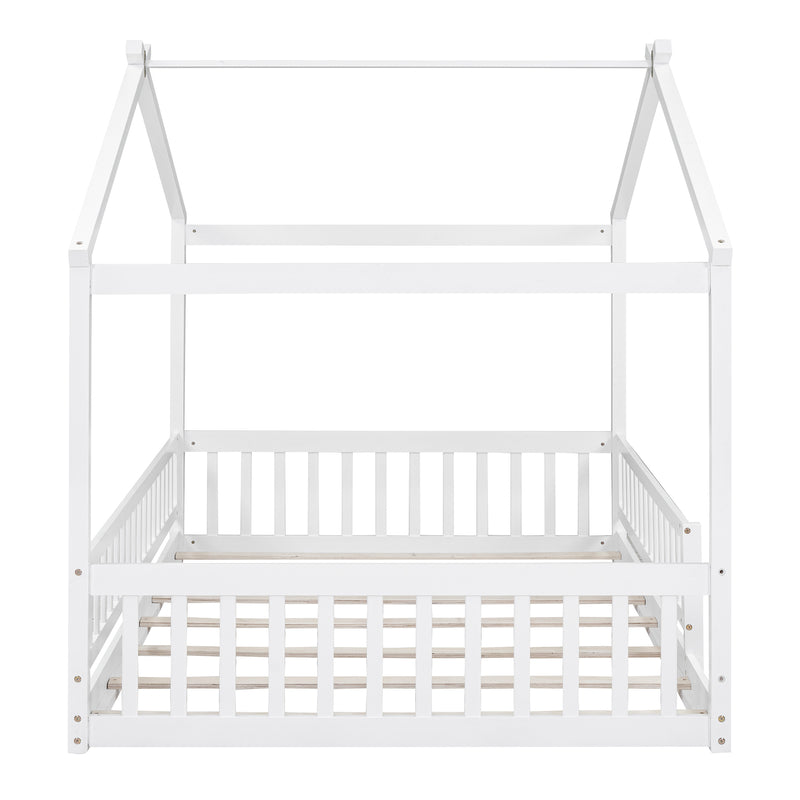 Full Size Wood Bed House Bed Frame with Fence, for Kids, Teens, Girls, Boys,White