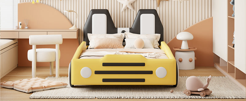 Twin Size Race Car-Shaped Platform Bed with Wheels,Yellow